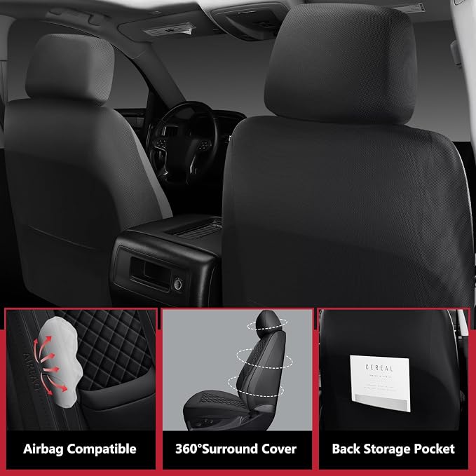Silverado Seat Covers 2007-2026 Front Pair, Truck Interior Sets Custom Fit for Chevy Chevrolet Silverado GMC Sierra 1500/2500/3500HD Crew/Double/Extended Cab with Lumbar Support, Black