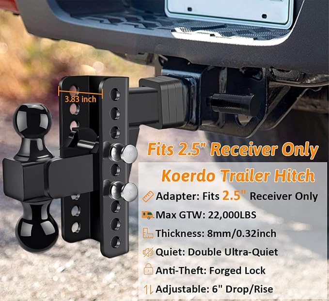 Adjustable Trailer Hitch Fits 2.5" Receiver, Drop Hitch & Tow Hitch with 6-Inch Drop/Rise, 2" & 2-5/16" Dual Ball Hitches for Trucks, 22,000 lbs GTW, Trailer Hitches with Anti-Theft Pin, Black