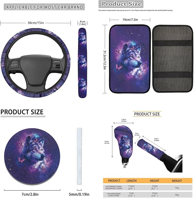 Lotusorchid Wolf Print Seat Covers for Cars Full Set, Butterfly Printed Auto Seat Covers Seatbelt Cover and Armrest Cover for Car, Decorative Automobile Interior Sets for Men Women