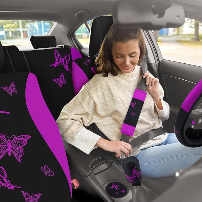 BBTO 47 Pcs Car Seat Full Set Car Accessories for Women 5 Front Rear Seat Covers Wrist Strap 2 Pieces Cup Mat Armrest Pad 2 Belt Cover Accessories for SUV(Purple Black)