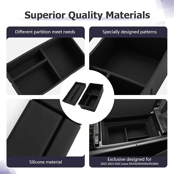 LUWU 2025 2026 Lexus RX350 Center Console Organizer for 2023 2024 2025 2026 Lexus RX350/RX450/RX500 Accessories Armrest Console Storage Box Glove Organizer Tray Silicone Material 2-Pack (Black)