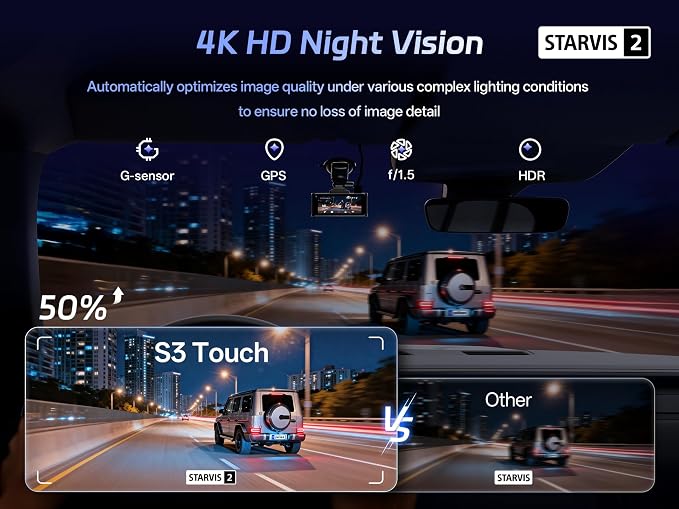 Pelsee S3 Touch 4K Dash Cam Front and Rear, STARVIS 2 Sensor, STARLIT™ Full Color Night Vision, 128GB Card, WiFi 6, ADAS, Dash Camera for Cars with 3.39"IPS Screen, Voice Control, 24H Parking Mode GPS