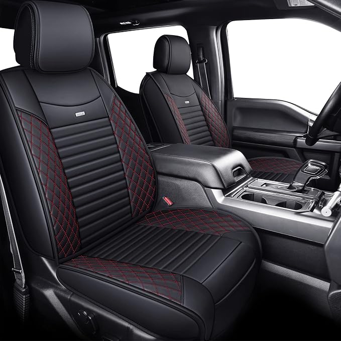 Aierxuan Ford F-150 2009-2026 Truck Seat Covers Custom Fit 2017-2026 F250 F350 F450, Waterproof Leather Cushion for Truck Pickup Supercrew Cab Lariat King Ranch Raptor (Full Set, Black-Red)