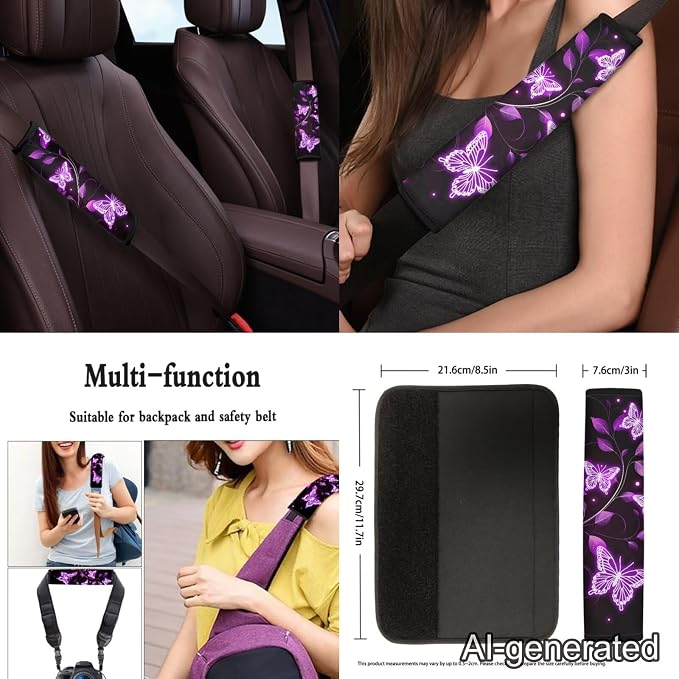 Purple Butterfly Car Seat Covers Full Set 12 Pack Car Steering Wheel Cover Auto Seat Belt Cover Center Console Cover Cars Coasters Gear Lever Cover for Most Cars, SUVs