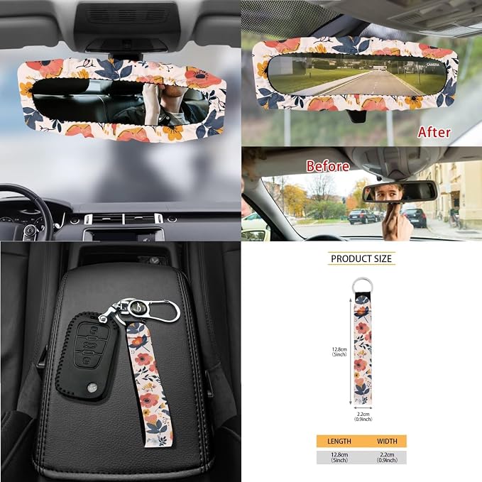 Flower Print Car Seat Cover Sets for Women Full Set, Universal Front and Rear Split Bench Seat Cover with Steering Wheel Cover Safety Belt Pads Garbage Bag Car Air Vent Organizer