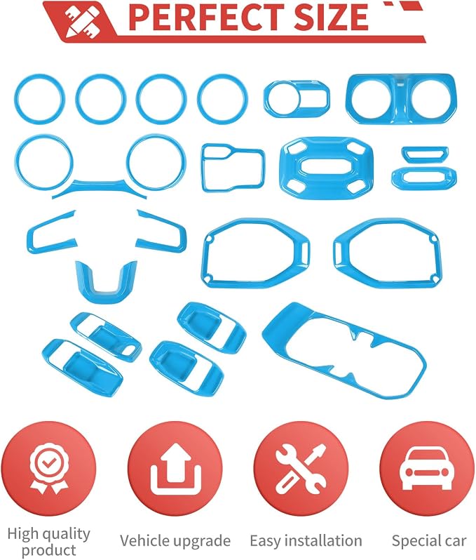23pcs Full Set Interior Trim Kit for Jeep Wrangler JL JLU Gladiator JT 2018-2023 Steering Wheel Door Handle Air Conditioning Vent Cup Holder Reading Light Headlight Gear Cover, Light Blue