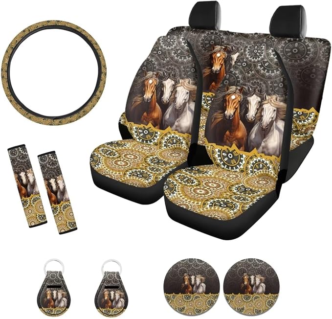 Xoenoiee Horses Boho Mandala Print 11 Pcs Universal SUV Car Seat Covers Auto Interior Accessories Full Set with Steering Wheel Covers, Seat Belt Pads, Key Chain, Car Cup Mat