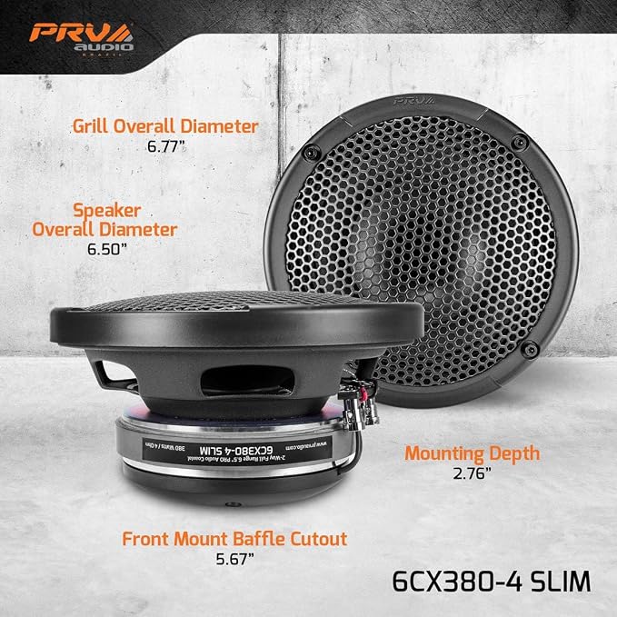 PRV AUDIO 6.5" Shallow Coaxial Car Audio Speaker 2X 6CX380-4 Slim Loudspeakers with Built-in Tweeter Driver and Grill Included 380 Watts 4 Ohm (2 Speakers) Bundle