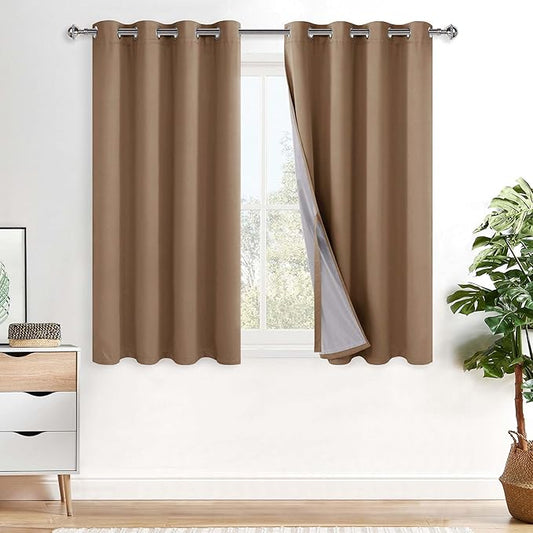 XWZO Full Shading Blackout Curtains 45 Inches Length - Heat and Light Blocking Ring Top Window Drapes with Black Liner Backing for Bedroom Sewn with Tiebacks, Cappuccino, W52 x L45, Set of 2 Panels