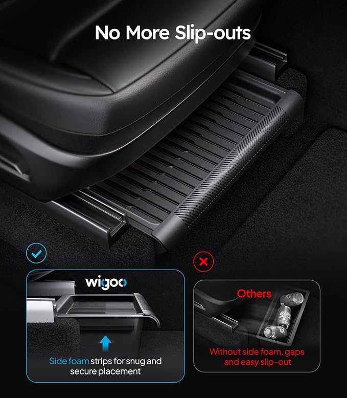 Wigoo Under Seat Storage Box for Tesla Model Y Juniper 2025~2026, 2 Pack Underseat Storage Tray with Lid, Secure No-Slide Design