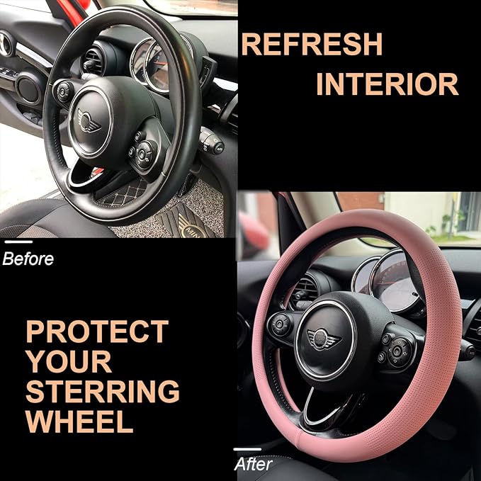PINCTROT Large Size Nappa Leather Steering Wheel Cover, Slim Fit No Bulk Design, One Piece Leather with Breathable Perforation, Fit Like Gloves, 15.5-15.75 Inch(Nappa Pink)