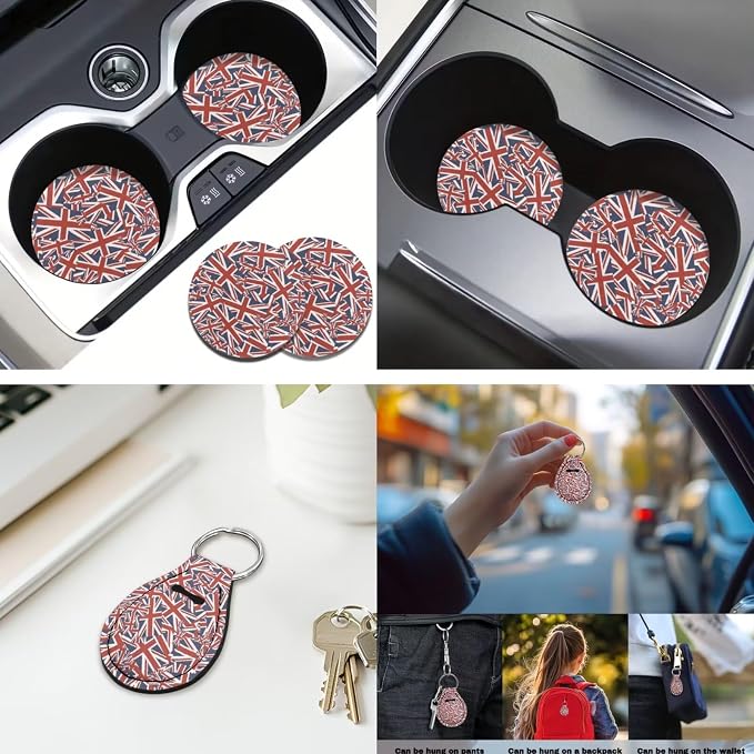 Union Flag 12 Pack Car Seat Covers Full Set with Car Steering Wheel Cover Arm Rest Cover Auto Seat Belt Cover Cup Coasters and Keychain Holder Universal Fit Most Cars SUV
