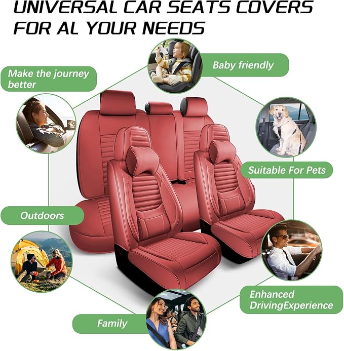Car Seat Cover Front Set, Front and Rear 2 Faux Leather Seat Covers with Headrest Pillows, Airbag Compatible, Universal Seat Protector for Most SUV Trucks Pickups (Wine Red)