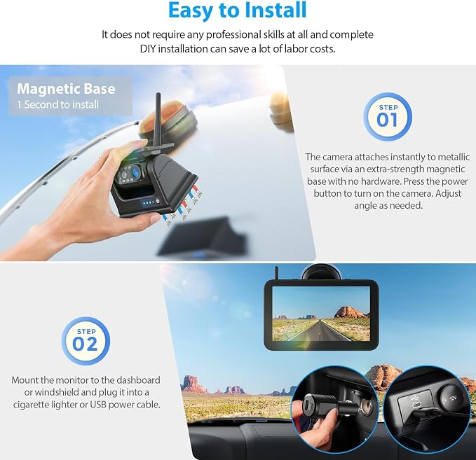 ZEROXCLUB Magnetic Solar Wireless Backup Camera 1080P 7" DVR Monitor, Rechargeable RV Camera Wireless System for Hitch Towing Travel RV Camper 5th Wheel, Built-in 9600mAh Battery & Solar Panel, BM701