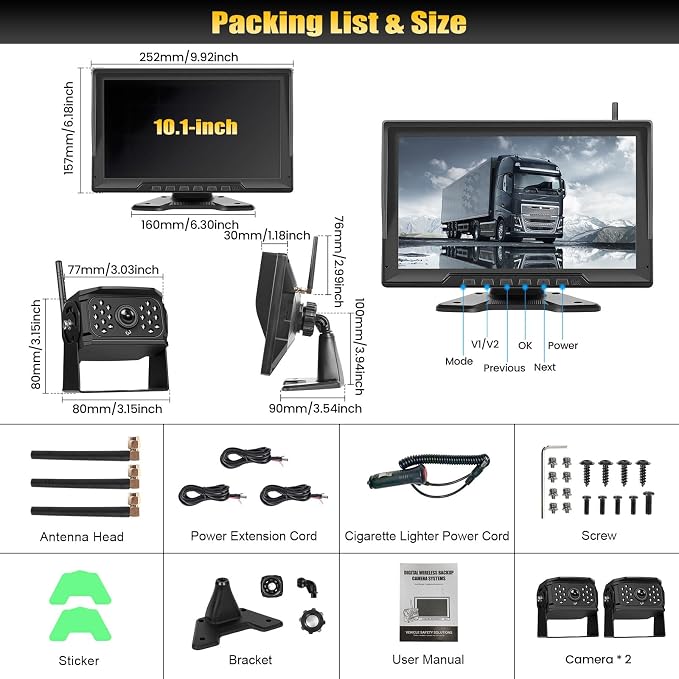 10.1 Inch Wireless Backup Camera Monitor Digital Signal Stable BSD Night Vision with Front Rear View IP68 Waterproof Camera for Truck/Car/Pickup/SUV/Tractors/Bus/Pickup