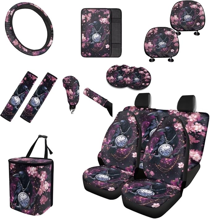 Purple Floral Moon Raven Car Seat Covers Full Set for Women Floral Car Accessories Steering Wheel Cover Seatbelt Pad Coasters Trash Can Car Headrest Pillow Covers Armrest Pad