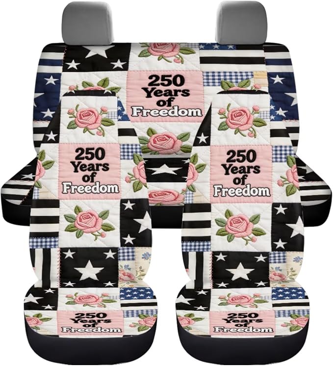 250 Years of Freedom Car Seat Covers Patchwork Rose Print Patriotic Auto Decor with Non-Slip Steering Wheel Cover and Seatbelt Pad Cover, 11 Piece, for 250th Anniversary