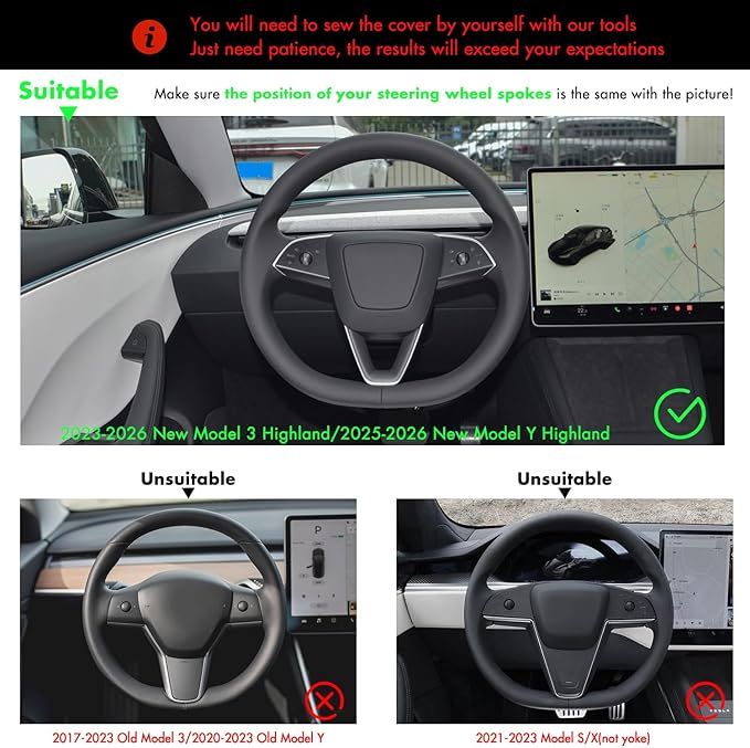 MEWANT DIY Stitching Steering Wheel Cover Wrap for Tesla Model 3 Highland 2023-2025/Model Y 2025 Accessories