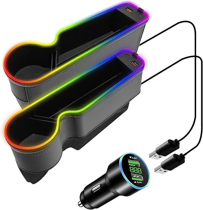 7 Color Led Car Seat Gap Organizer with 56W Type C USB Charging Multifunctional Front Seat Organizer with Cup Holder Console Organizer Seat Gap Filler with Vibe Lamp for Andriod iPhone Grey