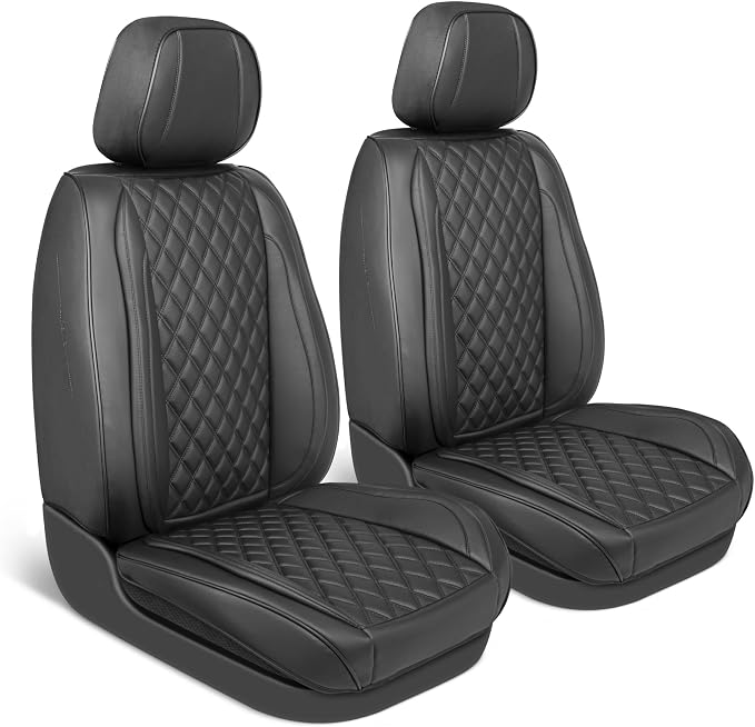 MotorBox Elite Edition Faux Leather Seat Covers for Cars, Trucks, & SUV - 2 Black Car Seat Covers for Front Seats - Universal Fit Car Accessories Automotive Interior Cover Protector for Most Vehicles