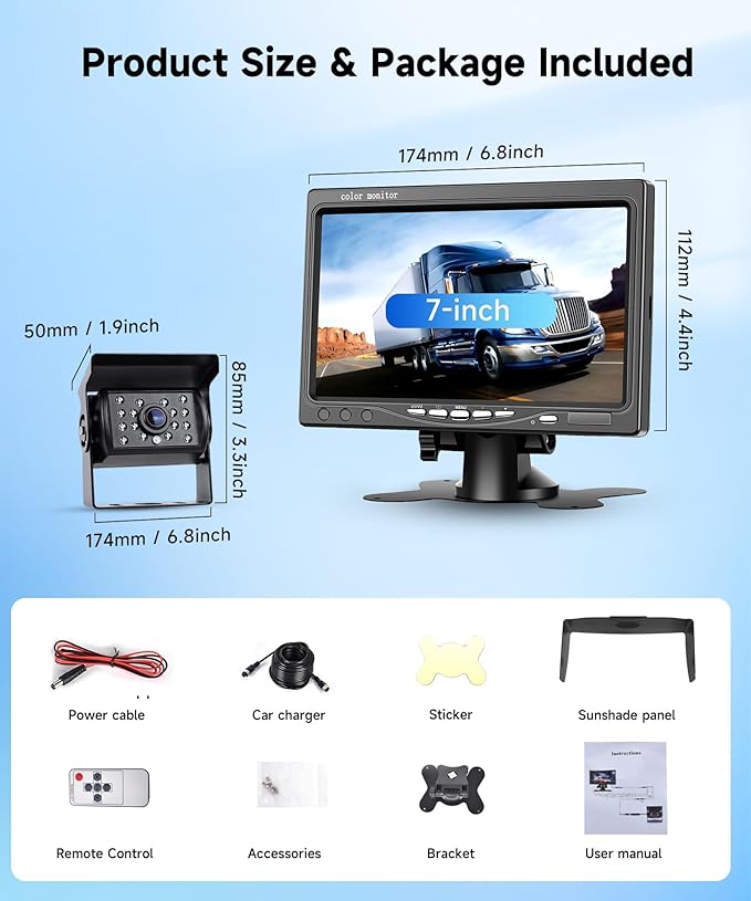 Backup Camera Kit with 7-Inch LCD Monitor, Upriding IP68 Waterproof 18IR Night Vision Rear View Camera for Trailer RV Camper Truck Pickup Bus, +32ft Extension Cable, DIY Guidelines(12V-24V)