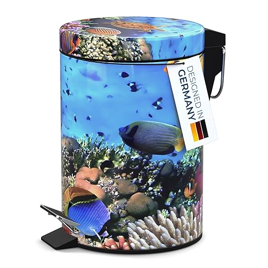 Sanilo Small Bathroom Trash Can with Lid [1.3 Gallon] - Lidded Tiny Trashcan for Garbage - Mini Metal Bin with Soft Closing Mechanism - Bath Room Accessoire Wastebin with Inner Bucket (Ocean)