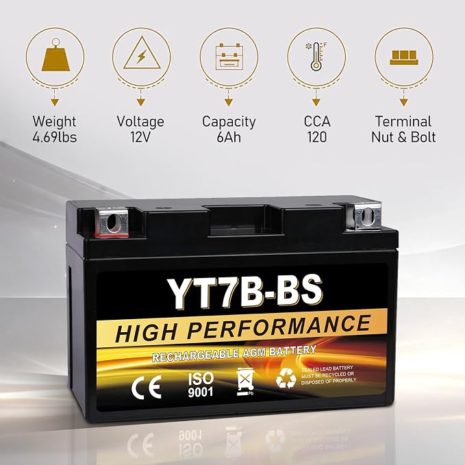 YT7B-BS 12V 6Ah AGM Sealed Motorcycle Battery, Maintenance-Free, Compatible with Yamaha ATV, Ducati, Kawasaki