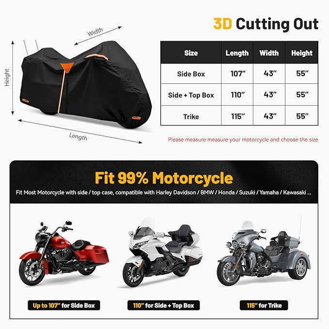 XYZCTEM Motorcycle Cover Heavy Duty Waterproof with Side & Top Box, Fits Harley Davidson Ultra Limited, Road Glide Limited, Gold Wing, Road Master Outdoor All Weather Protection, 110 Inch