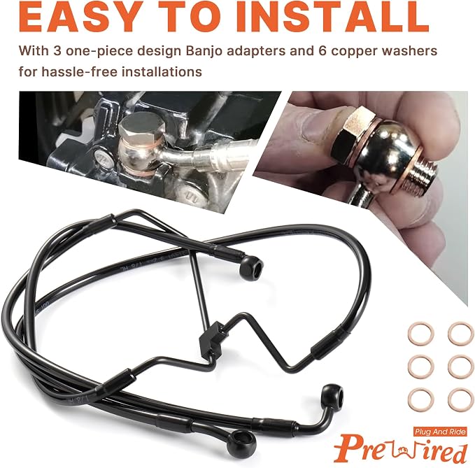 Front Dual Disc Brake Line 16" Handlebars +6" Extension Brake Cable NO ABS for Harley 2014-2023 Touring Road King/Road Glide/Street Glide/Electra Glide Models Stainless Steel Braided, Black