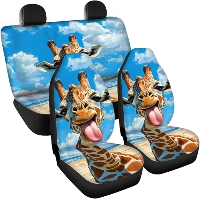 Giraffe Car Seat Covers Including Funny Animal 4 Front Rear Seat Cushion Cover/2 Coasters/1 Steering Wheel Wrap/2 Shift Knob Handbrake Cover/2 Seatbelt Pad Cover, 11 Pack Car Accessories