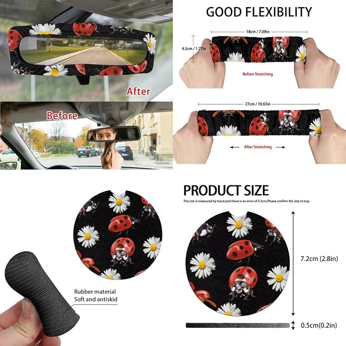 15 Pcs Dasiy Ladybug Car Seat Cover Full Set for Women with Car Steering Wheel Cover Seat Belt Cover Trash Bin Front Rear View Mirror Car Cup Holder Keychain