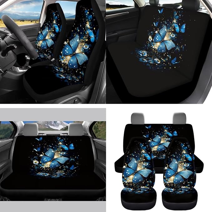15 Pcs Blue Glitter Butterfly Auto Interior Accessories Car Seat Covers with Auto Steering Wheel Cover Seat Belt Covers Car Trash Can View Mirror Cover Coaster Keychains