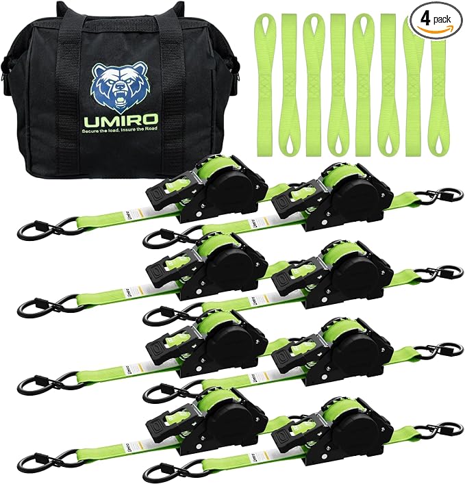 Retractable Ratchet Straps, 4-Pack, 1 Inch x 12 Feet Heavy Duty Tie Downs, 1760lb Break Strength, Self Retracting for Truck, Cargo, Trailer, Motorcycle, ATV, UTV (Green, 8pack)