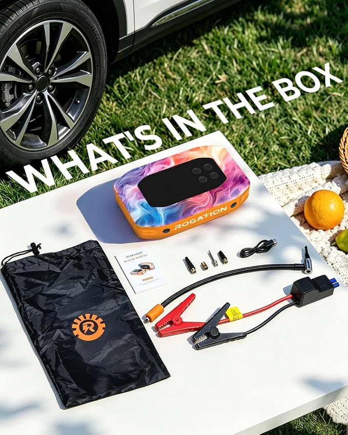 3000A Jump Starter with Air Compressor, Portable Car Battery Jump Starter, 12V Booster for Gas/Diesel Engines, 150PSI Tire Inflator 14800ma/h 33W Bidirectional fast Charging Power Bank-Orange