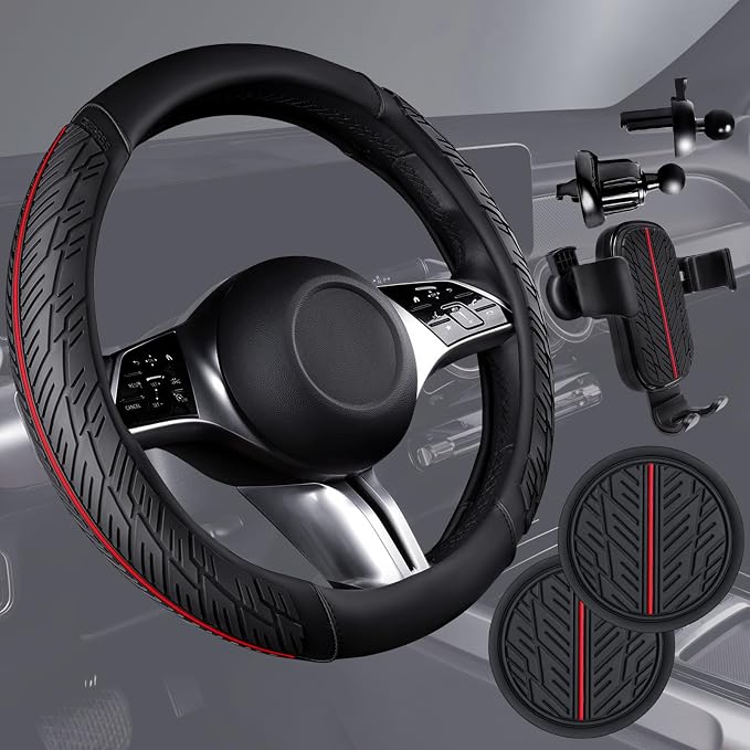CAR PASS Universal Leather Sport car seat Covers&Leather Rubber Steering Wheel Cover Set,Equipped with Mobile Phone Holder and Non-Slip Cup Mat,Suitable for Steering Wheel 14.5-15”Black Red
