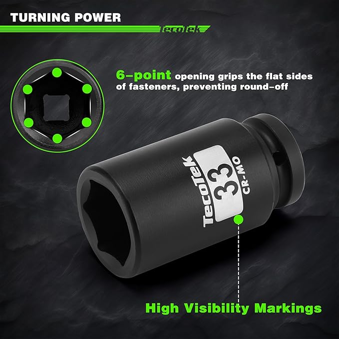 TecoTek 3/4" Drive Deep 6-Point Impact Socket Set, 13-Piece Jumbo Assortment, Cr-Mo, Metric (17mm to 41mm), 1/2" F to 3/4" M Impact Socket Adapter, for Large Vehicle and Apparatus Maintenance