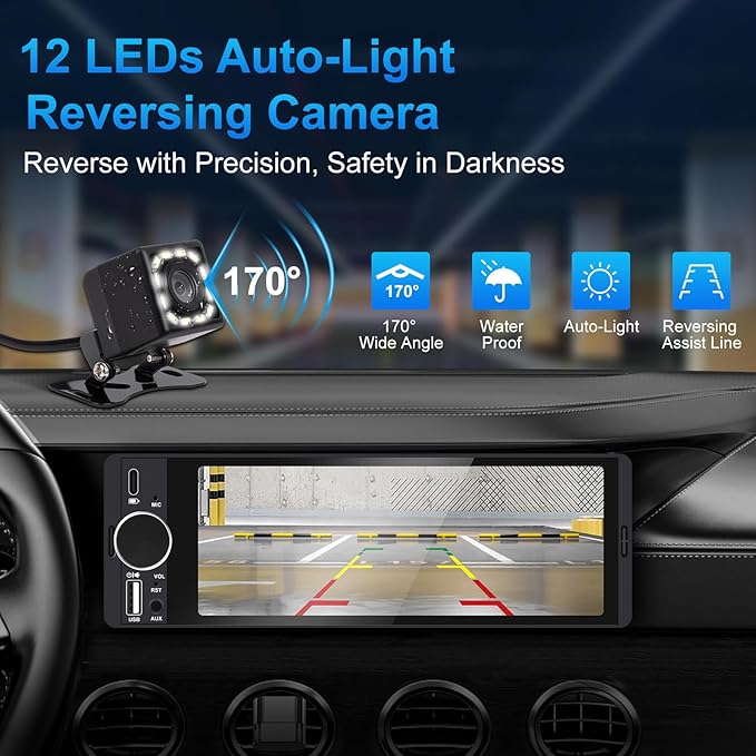 Single Din Car Stereo with Apple CarPlay & Android Auto, HD Touch CarPlay Screen, Backup Cam,Bluetooth, USB Type-C, SWC, EQ, FM Radio (with External Mic) (6.36 inch)