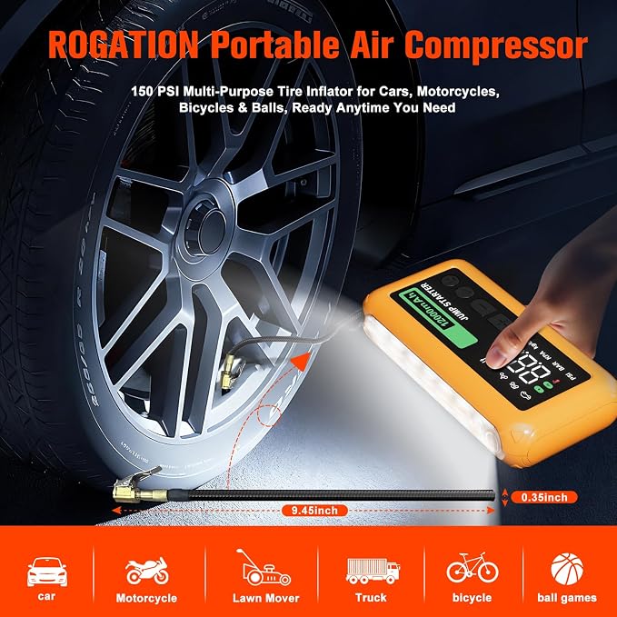 Jump Starter with 150PSI Air Compressor, 2000A Peak 12V Booster, 10000mAh Portable Car Battery Jump Starter, Up to 10L Gas/8L Diesel Engines, 33W Bidirectional fast Charging Power Bank-Orange