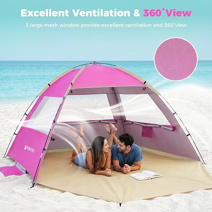 Venustas Beach Tent Sun Shelter for 3/4/6/8 Person, UPF 50+ UV Protection Beach Canopy, Lightweight and Easy Setup Cabana, Portable Shade Tent