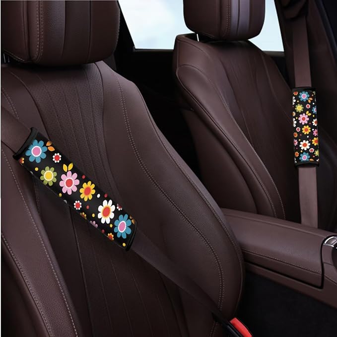 BIGCARJOB Stylish Daisy Print Car Interior Accessories Full Set 12 Pcs Auto Seat Cover for Front Rear Vintage Daisy Print Seat Belt Cover,Armrest Seat Box Cover Cushion,Cup Mats