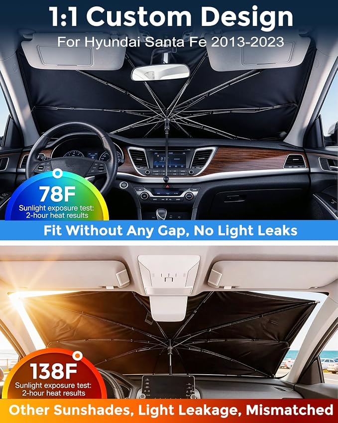 Weektic Custom Windshield Sun Shade Umbrella for Hyundai Santa Fe 2013-2023, [Double Thickened Ice Crystal Coating] Sun & Heat Protection, Keep Vehicle Cool & Protect Interior