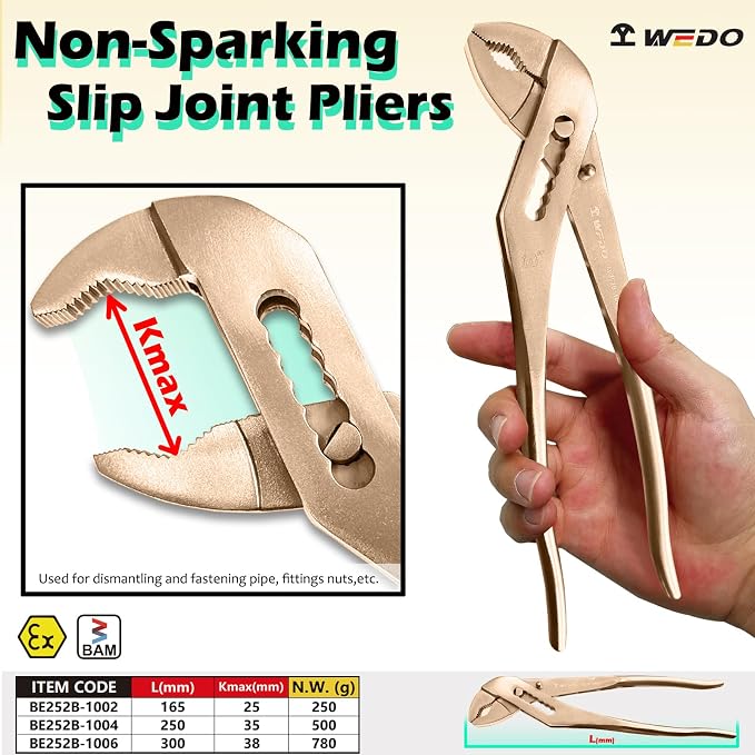 WEDO Non-Sparking Slip Joint Pliers, Spark-free Safety Water Pump Pliers, Length 250mm,Beryllium Copper,Non-Magnetic,35mm Wide Opening Groove Joint Pliers,DIN Standard, BAM & FM Certificate