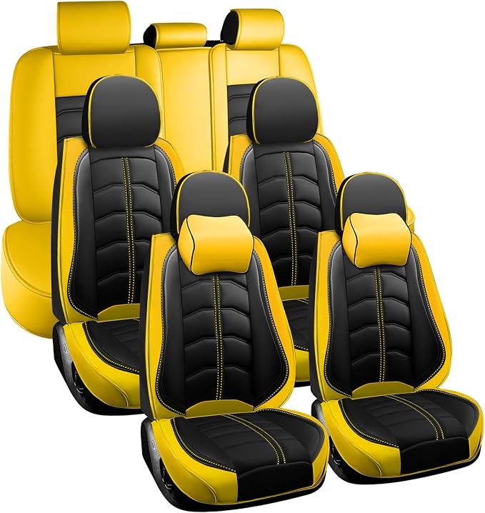 Car Seat Cover 7 Seats for Toyota Highlander 2001-2026, Durable Wear Resistant Waterproof Seat Cover, Breathable No Odor Premium Leather Vehicle Interior Accessories.(7 Luxury,Black Yellow)
