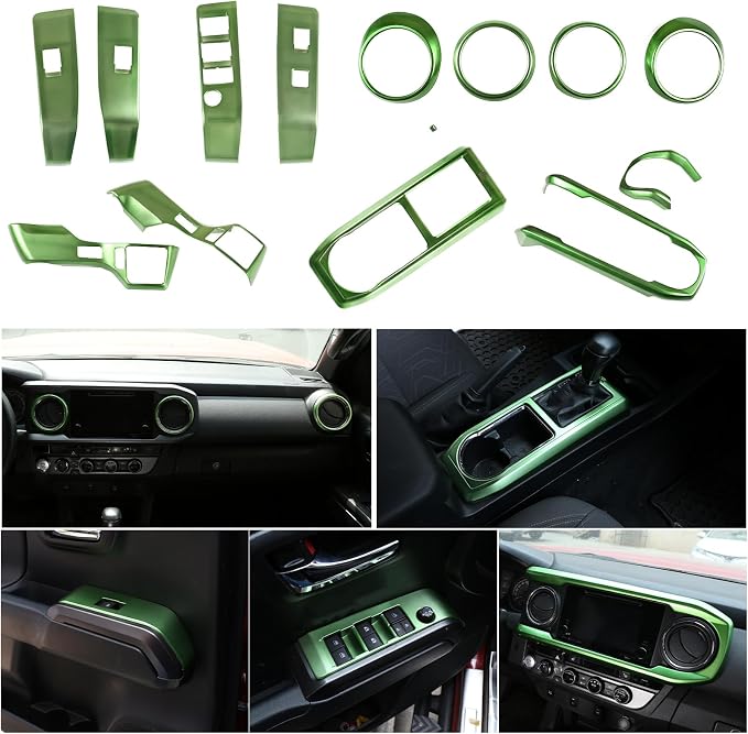 Lcojicep 14PCS Full Set Interior Decoration Trim Kit Compatible with Toyot@ Tacoma 2016-2022 Central Control Dashboard Frame Cover Shift Knob Cover Air Vent Trim Cover Window Button Cover (Green)