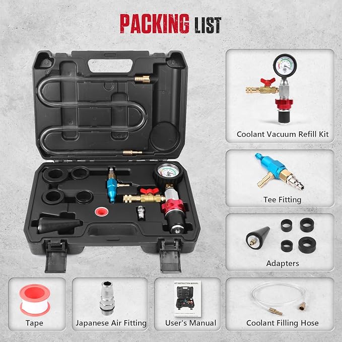 Coolant Vacuum Refill Kit Quick Vacuum Coolant Fill Kit with 5 Universal Adapters, Pressure Gauge, 41 in Fill Hose & 2 Quick Connectors for Most Vehicles