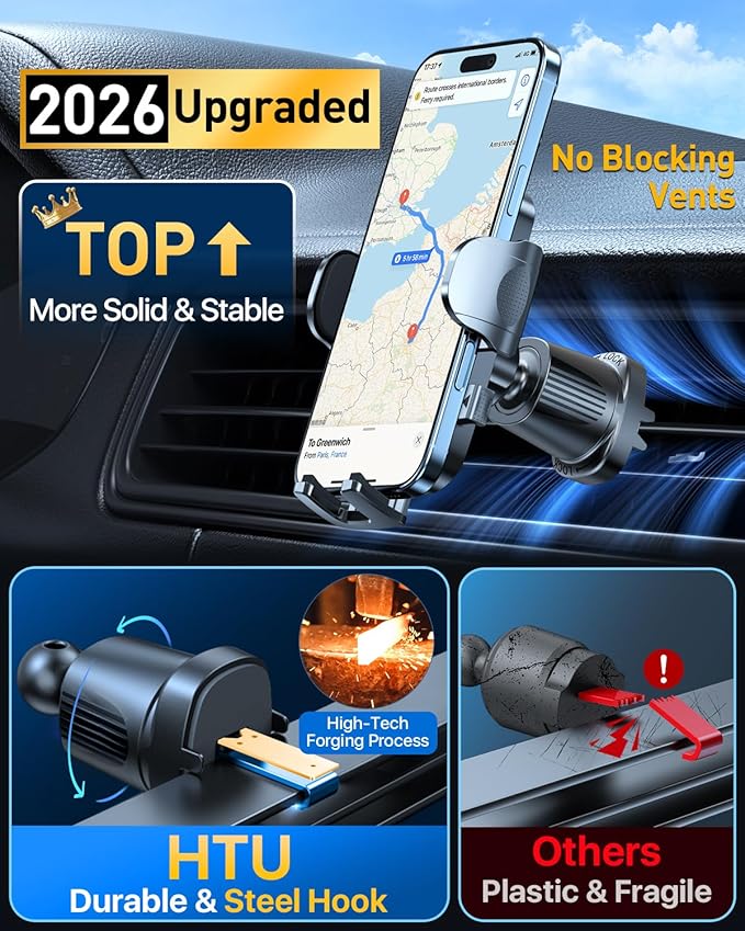 HTU Upgraded Strongest Suction Car Phone Holder Bendable Arm, Never Block View Rotatable Cellphone Mount for Dashboard Windshield Vent, Cradle Stand for iPhone 17 16 15 14 13 12 Pro Max (Dark Pink)