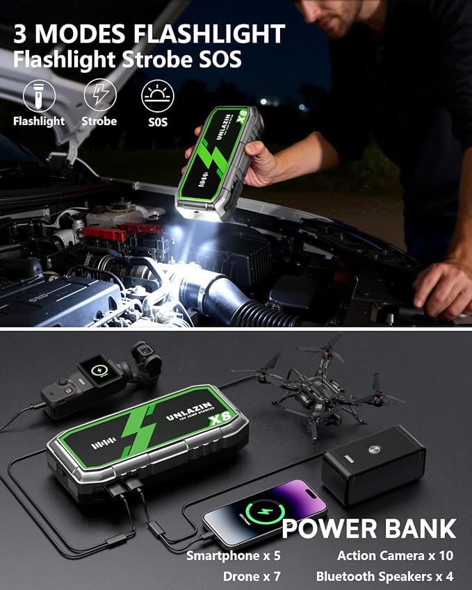 X8 10000A Portable Jump Starter with Force Start, All Gas & Diesel Engines | 12V Car Starter Jump Box & Battery Starter Booster, QC 3.0 Quick Charge, LED Light, Passenger Car, RV, ATV, Motorcycle