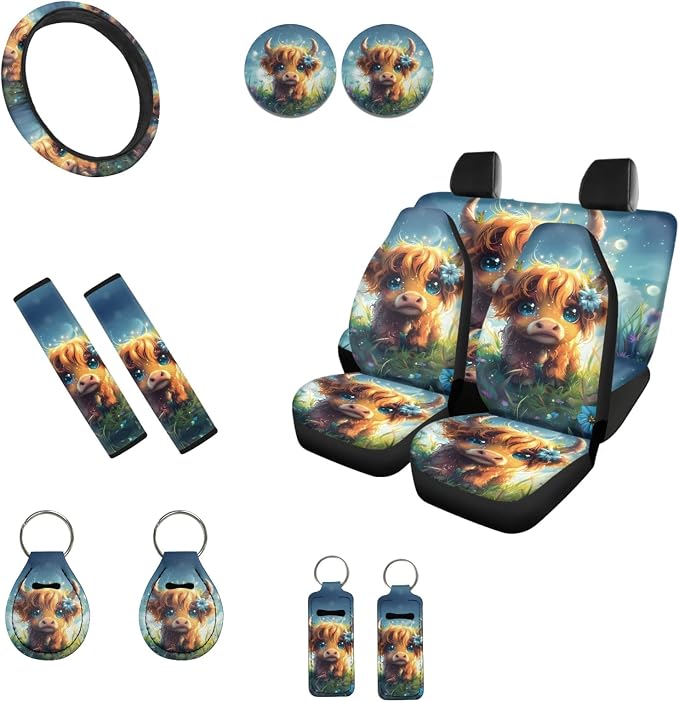 INSTANTARTS Cute Highland Cow Full Set of 13 Car Front Back Seat Covers Seat Belt Pads Car Cup Holders Lip Gloss Tube Sleeve Keychain Steering Wheel Cover