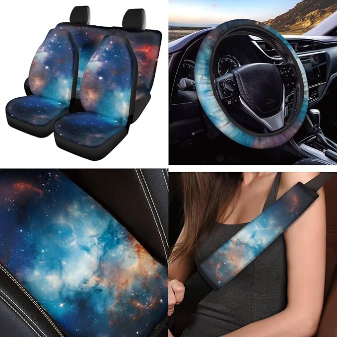 Blue Galaxy 12 Pack Car Seat Covers Full Set with Car Steering Wheel Cover Arm Rest Cover Auto Seat Belt Cover Cup Coasters and Keychain Holder Universal Fit Most Cars SUV