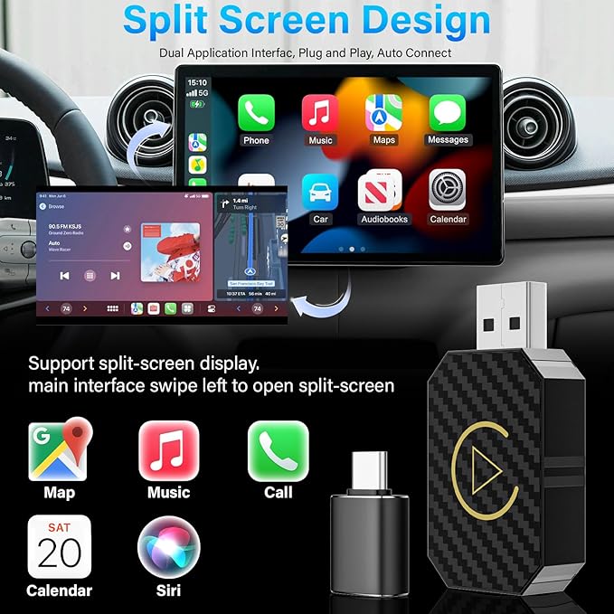 2 in 1 Wireless CarPlay Adapter and Android Auto Wireless Adapter for Convert Wired CarPlay, for Cars 2016+/Apple iOS 10+, No Delay, Plug and Play, with USB-A to USB-C Connectors
